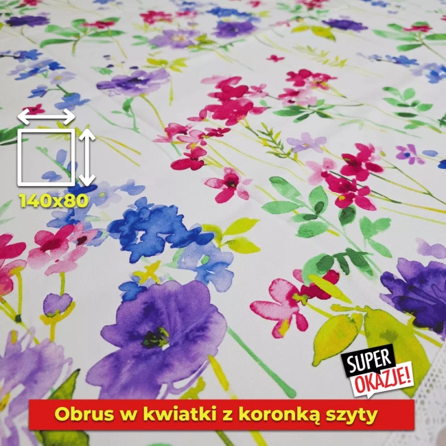 Obrus 140x80 w kwiaty z koronką - ostatnia sztuka wyprzedaż